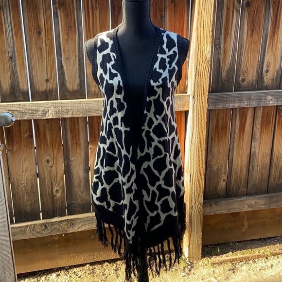 BCBGMAXAZRIA cardigan vest fringe black gold metallic pockets LG FIRM on PRICE - Picture 1 of 5